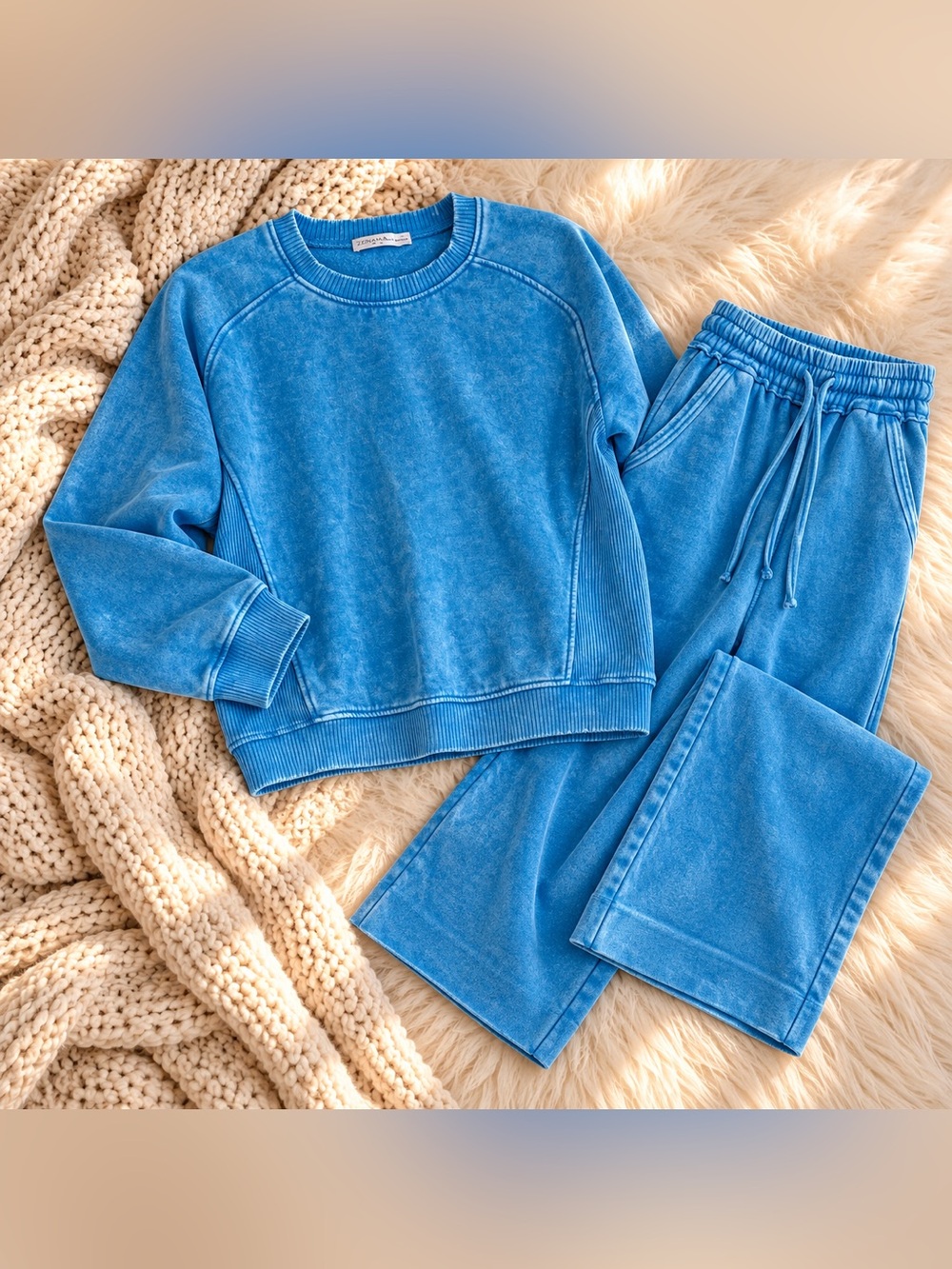 New Zenana Ocean Blue Mineral Wash Fleece Lounge Set Small